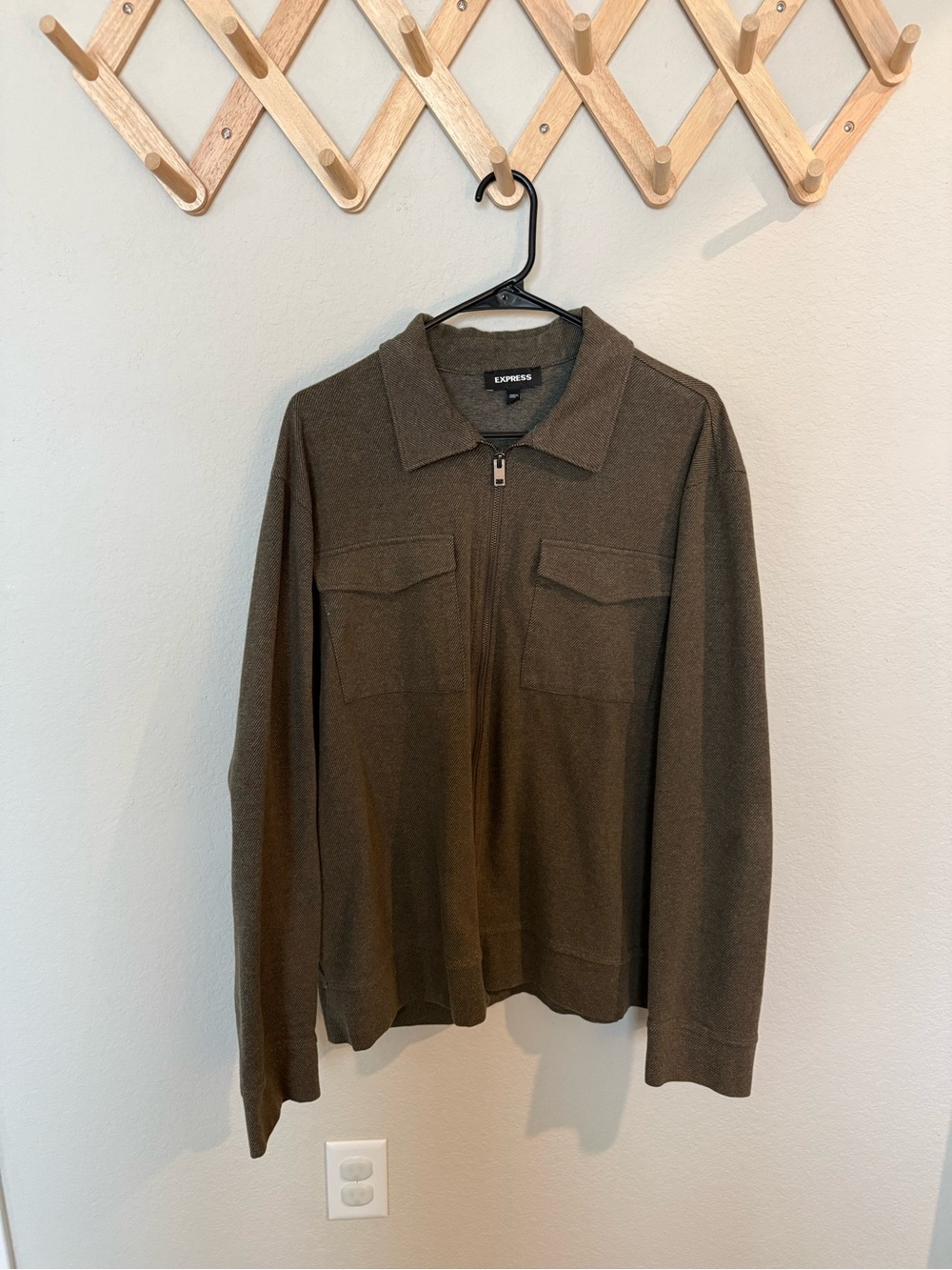 Express Men's Olive Green Zip-Up Knit Jacket
